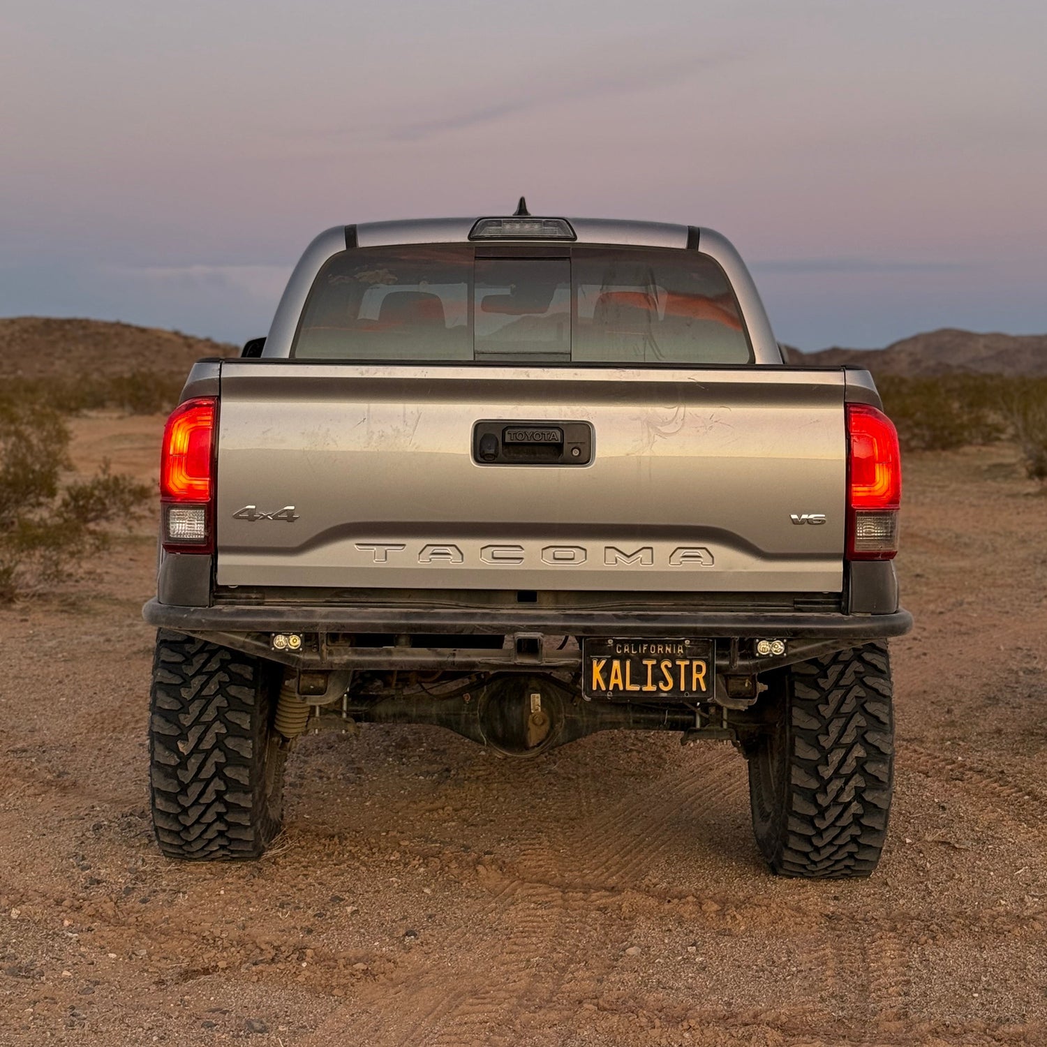 Back view of a Toyota Tacoma truck in a desert landscape
